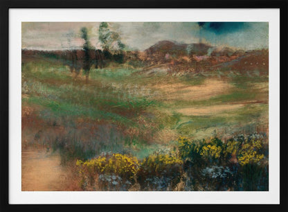 An impressionistic landscape painting in a silver frame, featuring earthy tones of green and brown across rolling hills, with vibrant yellow flowers in the foreground under a muted, stormy sky. Print