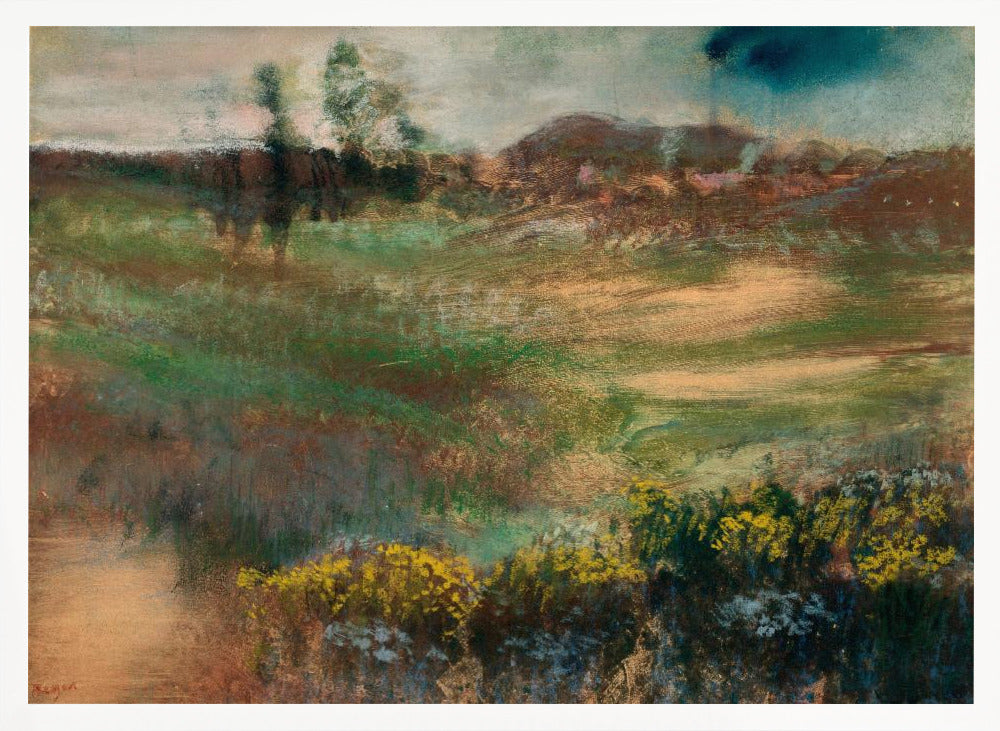 An impressionistic landscape painting in a silver frame, featuring earthy tones of green and brown across rolling hills, with vibrant yellow flowers in the foreground under a muted, stormy sky. Print