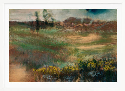 An impressionistic landscape painting in a silver frame, featuring earthy tones of green and brown across rolling hills, with vibrant yellow flowers in the foreground under a muted, stormy sky. Print