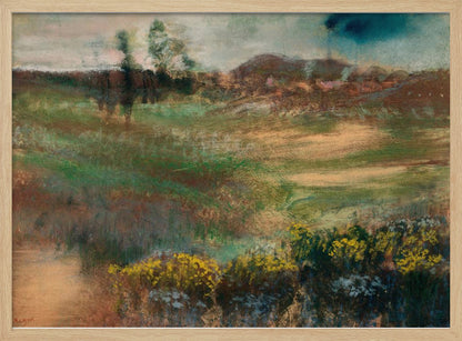 An impressionistic landscape painting in a silver frame, featuring earthy tones of green and brown across rolling hills, with vibrant yellow flowers in the foreground under a muted, stormy sky. Print