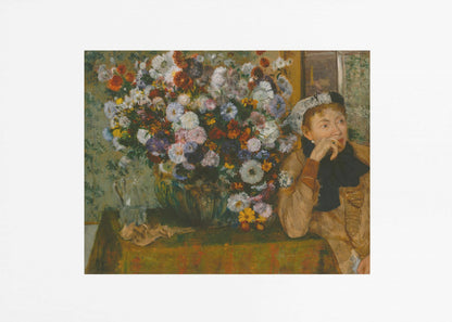 An art print featuring a woman seated beside a vase overflowing with colorful flowers, presented in a painterly style. Wall Art