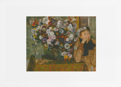 An art print featuring a woman seated beside a vase overflowing with colorful flowers, presented in a painterly style. Wall Art