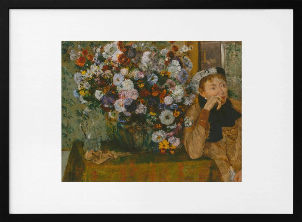 An art print featuring a woman seated beside a vase overflowing with colorful flowers, presented in a painterly style. Wall Art