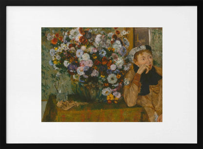 An art print featuring a woman seated beside a vase overflowing with colorful flowers, presented in a painterly style. Wall Art