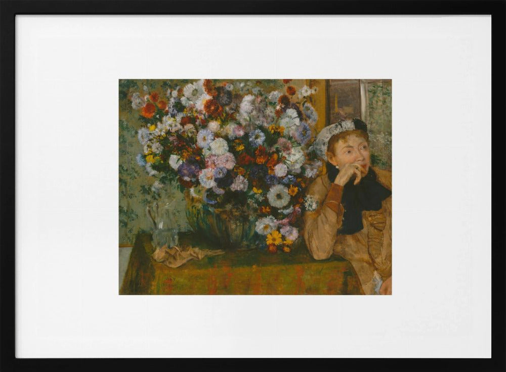 An art print featuring a woman seated beside a vase overflowing with colorful flowers, presented in a painterly style. Wall Art