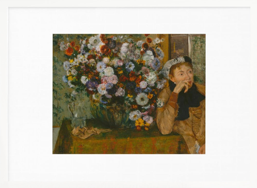 An art print featuring a woman seated beside a vase overflowing with colorful flowers, presented in a painterly style. Wall Art