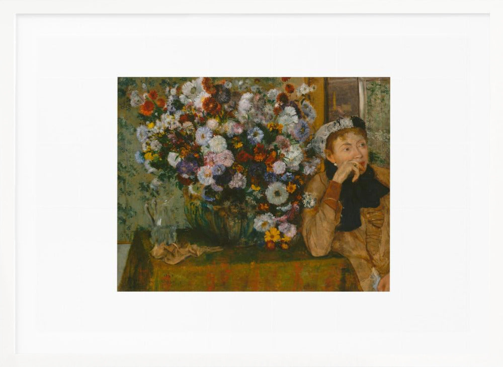 An art print featuring a woman seated beside a vase overflowing with colorful flowers, presented in a painterly style. Wall Art