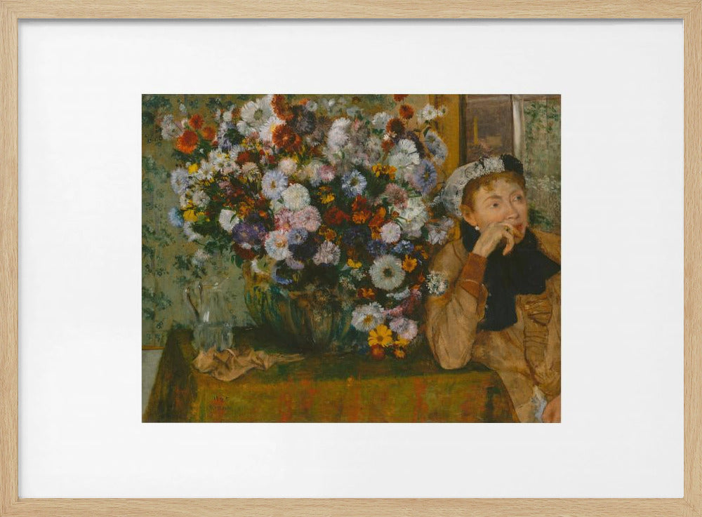 An art print featuring a woman seated beside a vase overflowing with colorful flowers, presented in a painterly style. Wall Art