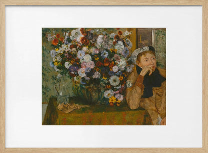 An art print featuring a woman seated beside a vase overflowing with colorful flowers, presented in a painterly style. Wall Art