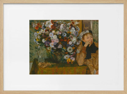 An art print featuring a woman seated beside a vase overflowing with colorful flowers, presented in a painterly style. Wall Art