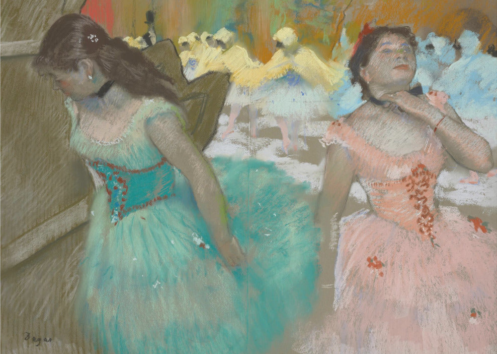 A framed pastel artwork by Edgar Degas depicting several ballerinas. In the foreground, a ballerina in a turquoise tutu looks down, while another in a pink tutu adjusts her collar with her eyes closed. In the background, more dancers in yellow and white are blurred on a stage. Wall Art