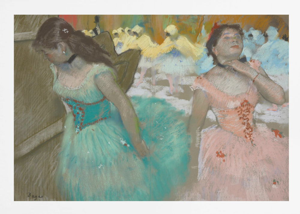 A framed pastel artwork by Edgar Degas depicting several ballerinas. In the foreground, a ballerina in a turquoise tutu looks down, while another in a pink tutu adjusts her collar with her eyes closed. In the background, more dancers in yellow and white are blurred on a stage. Wall Art