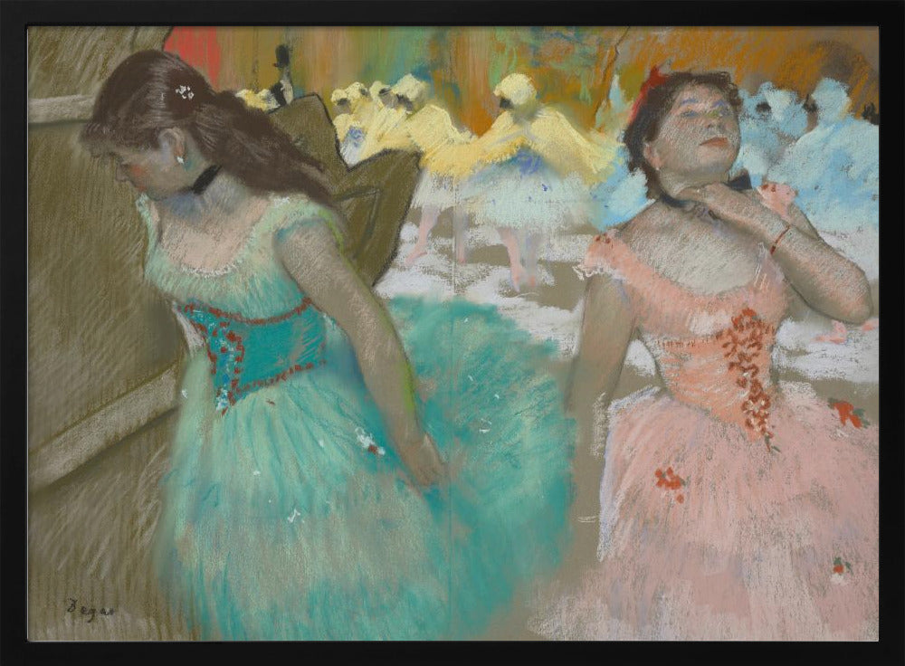 A framed pastel artwork by Edgar Degas depicting several ballerinas. In the foreground, a ballerina in a turquoise tutu looks down, while another in a pink tutu adjusts her collar with her eyes closed. In the background, more dancers in yellow and white are blurred on a stage. Wall Art