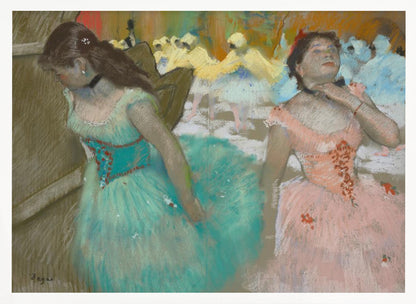 A framed pastel artwork by Edgar Degas depicting several ballerinas. In the foreground, a ballerina in a turquoise tutu looks down, while another in a pink tutu adjusts her collar with her eyes closed. In the background, more dancers in yellow and white are blurred on a stage. Wall Art