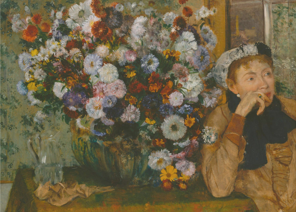 A woman seated beside a vase of flowers Artwork