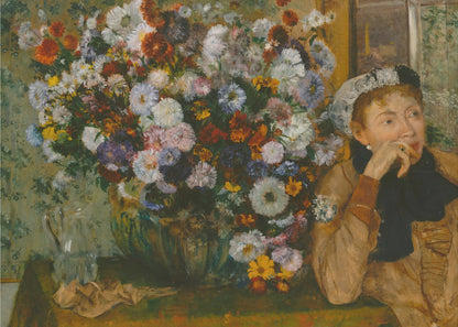 A woman seated beside a vase of flowers Artwork