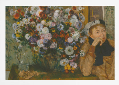 A woman seated beside a vase of flowers Artwork
