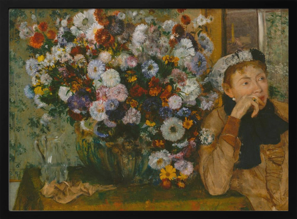 A woman seated beside a vase of flowers Artwork