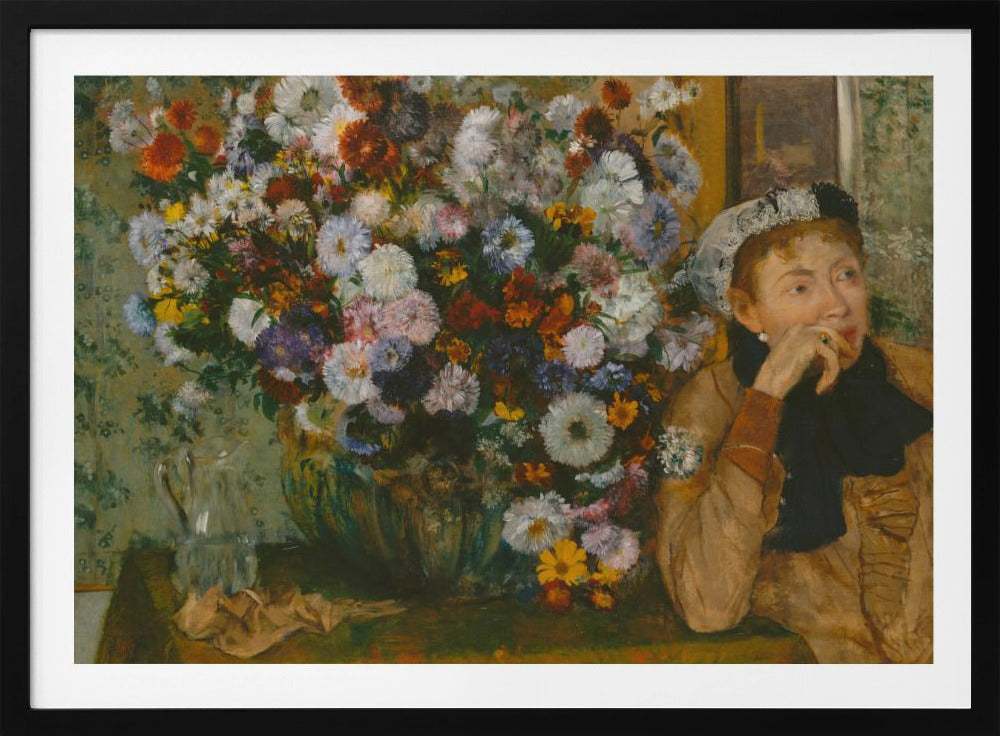 A woman seated beside a vase of flowers Artwork