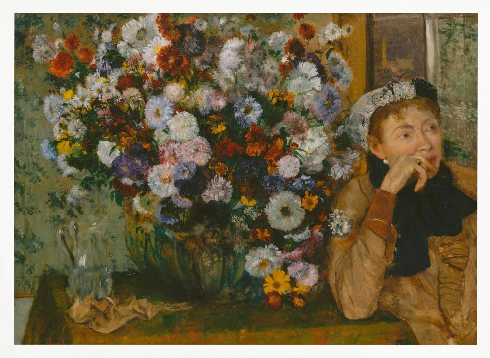 A woman seated beside a vase of flowers Artwork