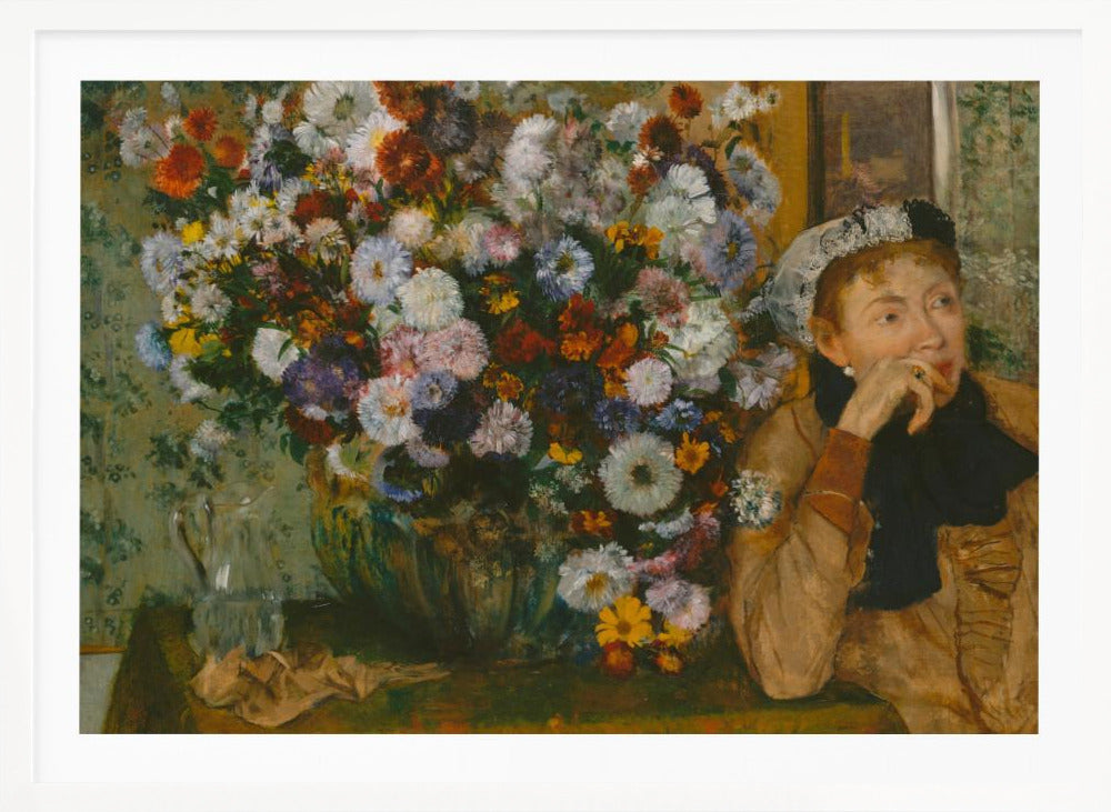 A woman seated beside a vase of flowers Artwork
