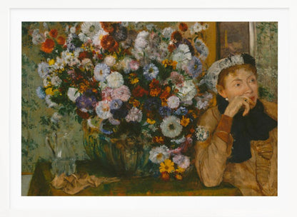 A woman seated beside a vase of flowers Artwork