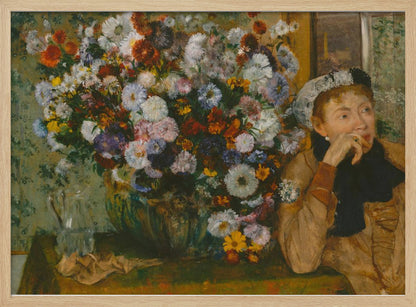 A woman seated beside a vase of flowers Artwork