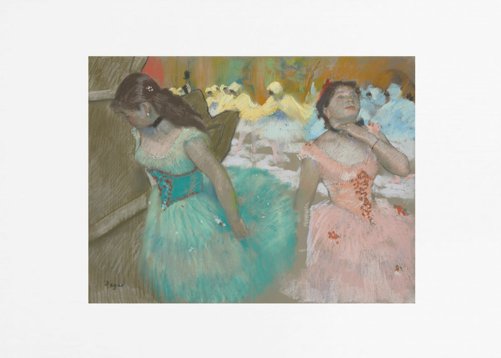 An impressionist pastel painting by Edgar Degas of two ballerinas backstage. One in the foreground wears a teal tutu and looks down, while another beside her in a pink tutu adjusts her choker. Other dancers are visible in the background under warm stage light. Poster
