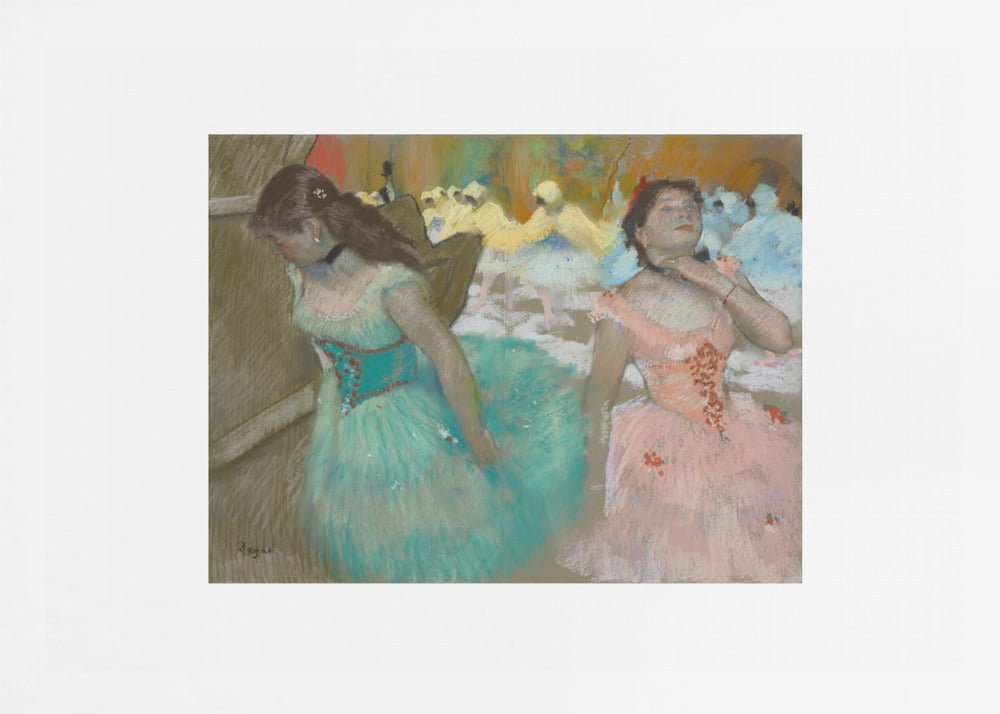 An impressionist pastel painting by Edgar Degas of two ballerinas backstage. One in the foreground wears a teal tutu and looks down, while another beside her in a pink tutu adjusts her choker. Other dancers are visible in the background under warm stage light. Poster