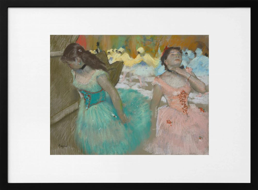 An impressionist pastel painting by Edgar Degas of two ballerinas backstage. One in the foreground wears a teal tutu and looks down, while another beside her in a pink tutu adjusts her choker. Other dancers are visible in the background under warm stage light. Poster