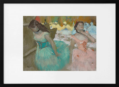 An impressionist pastel painting by Edgar Degas of two ballerinas backstage. One in the foreground wears a teal tutu and looks down, while another beside her in a pink tutu adjusts her choker. Other dancers are visible in the background under warm stage light. Poster