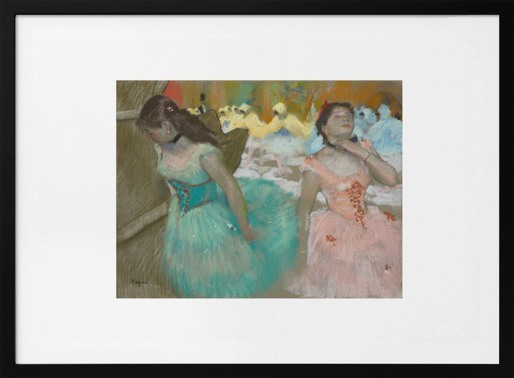 An impressionist pastel painting by Edgar Degas of two ballerinas backstage. One in the foreground wears a teal tutu and looks down, while another beside her in a pink tutu adjusts her choker. Other dancers are visible in the background under warm stage light. Poster