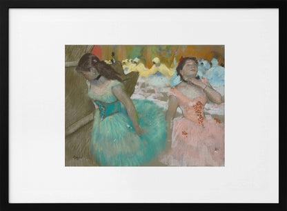An impressionist pastel painting by Edgar Degas of two ballerinas backstage. One in the foreground wears a teal tutu and looks down, while another beside her in a pink tutu adjusts her choker. Other dancers are visible in the background under warm stage light. Poster
