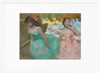 An impressionist pastel painting by Edgar Degas of two ballerinas backstage. One in the foreground wears a teal tutu and looks down, while another beside her in a pink tutu adjusts her choker. Other dancers are visible in the background under warm stage light. Poster