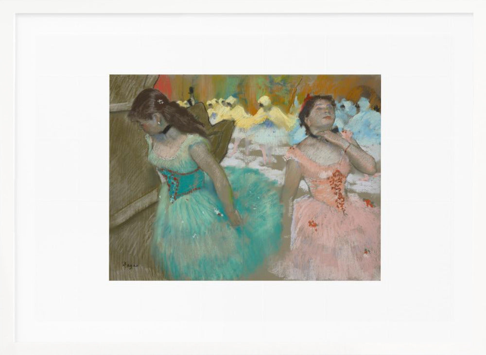 An impressionist pastel painting by Edgar Degas of two ballerinas backstage. One in the foreground wears a teal tutu and looks down, while another beside her in a pink tutu adjusts her choker. Other dancers are visible in the background under warm stage light. Poster