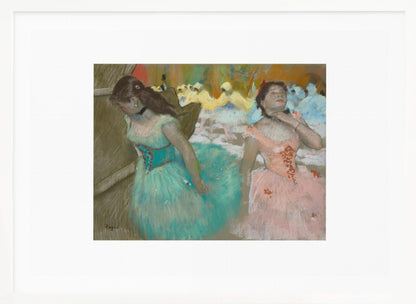 An impressionist pastel painting by Edgar Degas of two ballerinas backstage. One in the foreground wears a teal tutu and looks down, while another beside her in a pink tutu adjusts her choker. Other dancers are visible in the background under warm stage light. Poster