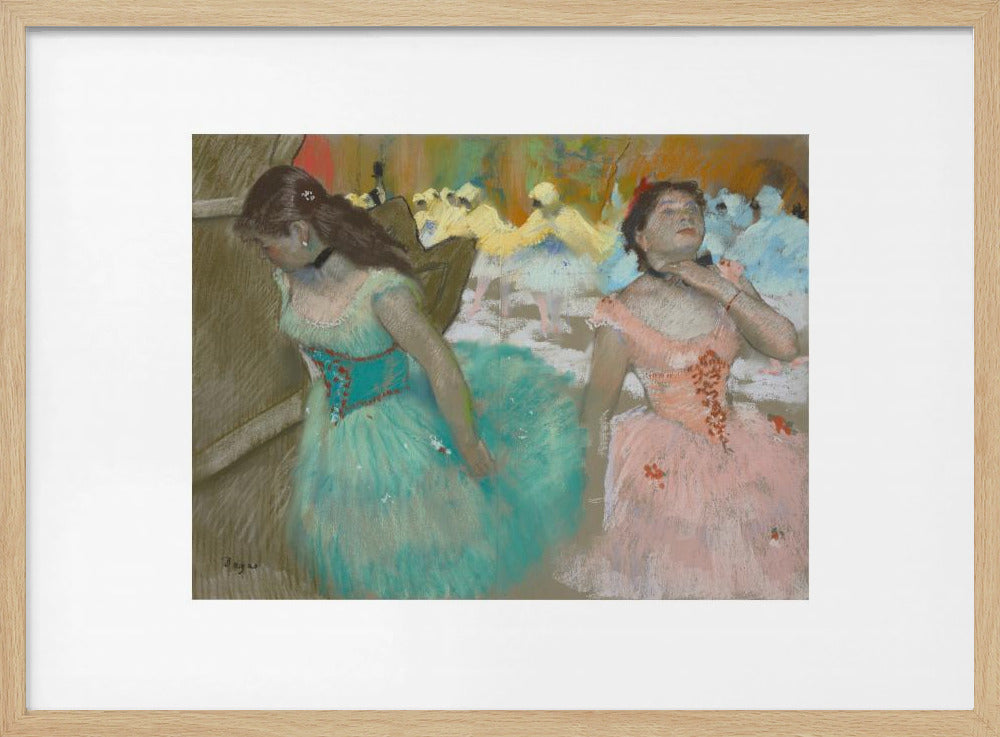 An impressionist pastel painting by Edgar Degas of two ballerinas backstage. One in the foreground wears a teal tutu and looks down, while another beside her in a pink tutu adjusts her choker. Other dancers are visible in the background under warm stage light. Poster