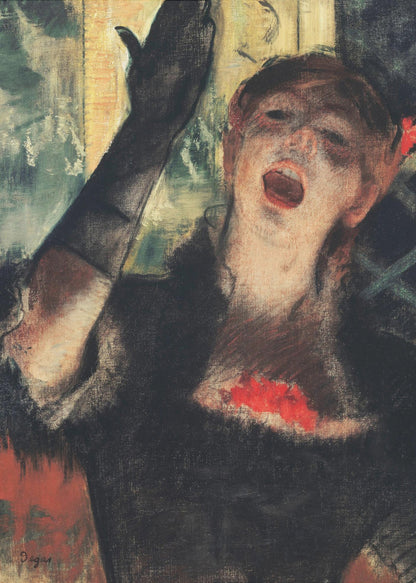 An impressionistic painting by Edgar Degas of a woman singing passionately on stage. She wears a black dress and a long black glove on her raised arm, her face filled with emotion as she performs. Wall Art