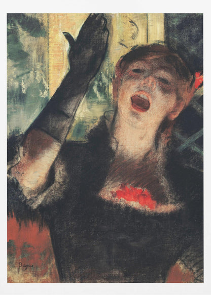 An impressionistic painting by Edgar Degas of a woman singing passionately on stage. She wears a black dress and a long black glove on her raised arm, her face filled with emotion as she performs. Wall Art