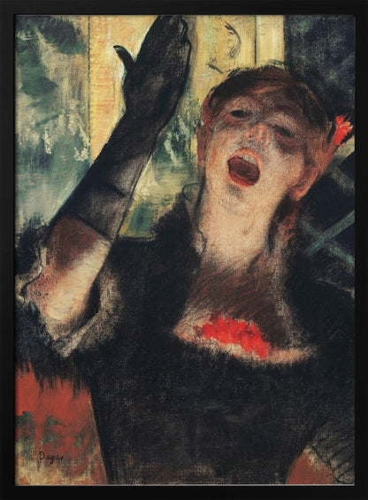 An impressionistic painting by Edgar Degas of a woman singing passionately on stage. She wears a black dress and a long black glove on her raised arm, her face filled with emotion as she performs. Wall Art