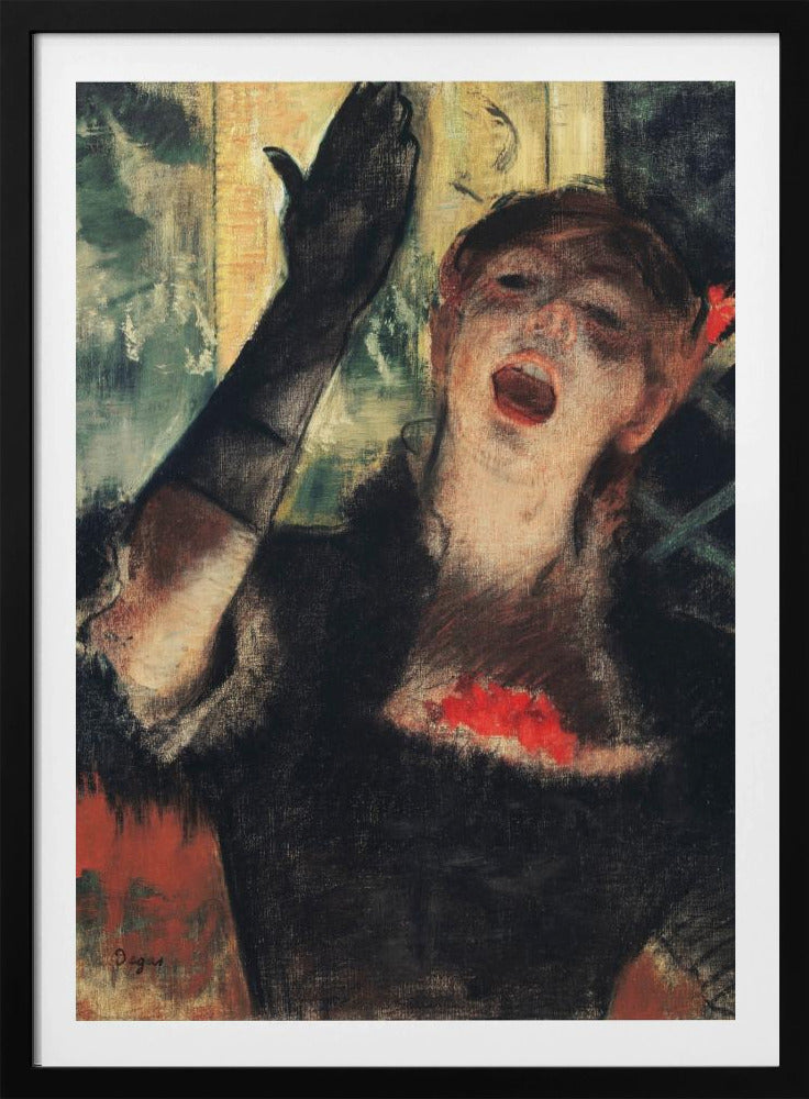 An impressionistic painting by Edgar Degas of a woman singing passionately on stage. She wears a black dress and a long black glove on her raised arm, her face filled with emotion as she performs. Wall Art