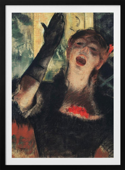 An impressionistic painting by Edgar Degas of a woman singing passionately on stage. She wears a black dress and a long black glove on her raised arm, her face filled with emotion as she performs. Wall Art