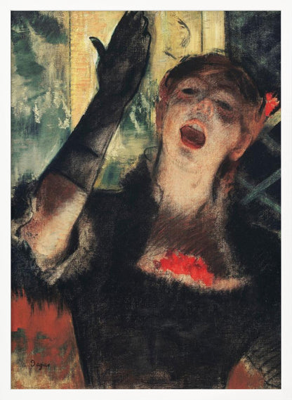 An impressionistic painting by Edgar Degas of a woman singing passionately on stage. She wears a black dress and a long black glove on her raised arm, her face filled with emotion as she performs. Wall Art