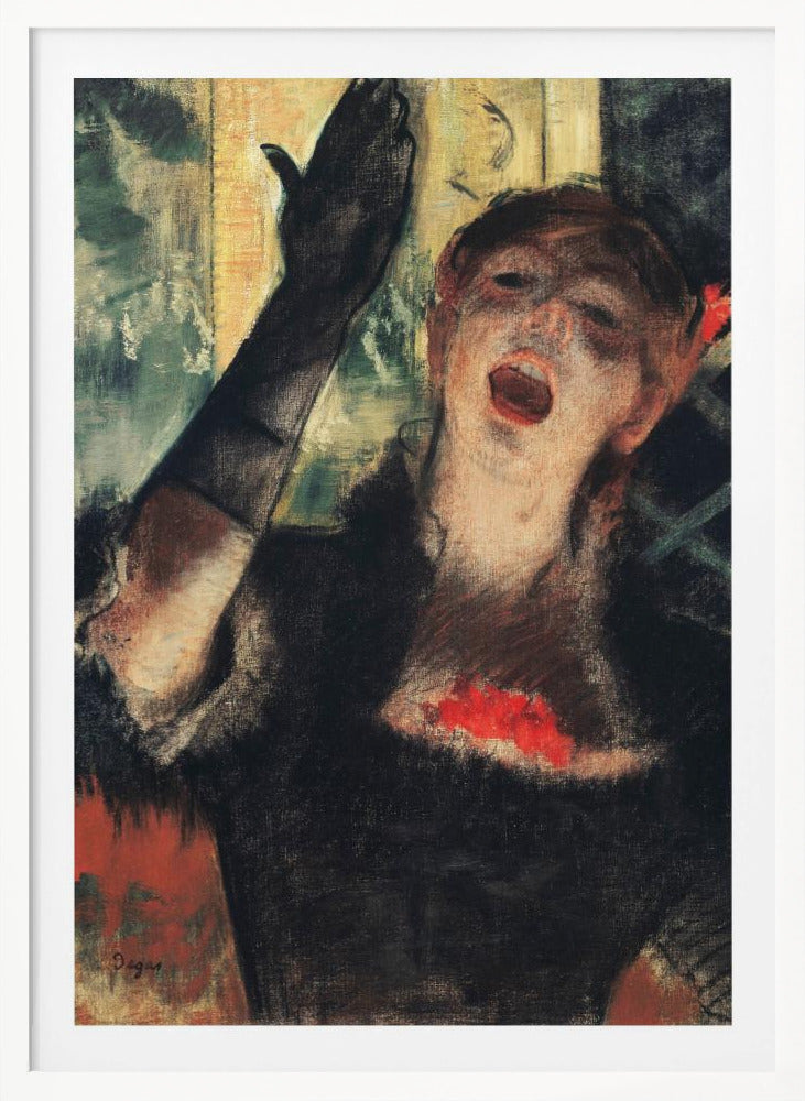 An impressionistic painting by Edgar Degas of a woman singing passionately on stage. She wears a black dress and a long black glove on her raised arm, her face filled with emotion as she performs. Wall Art