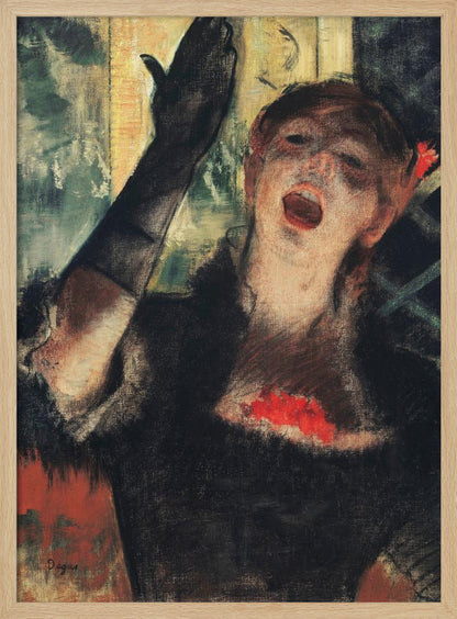 An impressionistic painting by Edgar Degas of a woman singing passionately on stage. She wears a black dress and a long black glove on her raised arm, her face filled with emotion as she performs. Wall Art