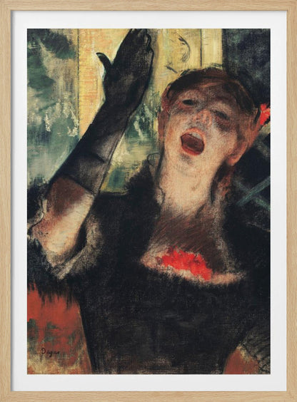 An impressionistic painting by Edgar Degas of a woman singing passionately on stage. She wears a black dress and a long black glove on her raised arm, her face filled with emotion as she performs. Wall Art