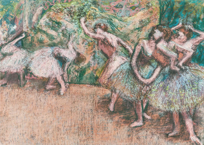 An Impressionist painting by Edgar Degas of ballet dancers on a stage against a green and orange backdrop. The dancers, in various poses, wear tutus in shades of white, pink, and light green. The artwork is framed in a simple silver frame. Artwork