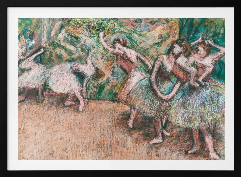 An Impressionist painting by Edgar Degas of ballet dancers on a stage against a green and orange backdrop. The dancers, in various poses, wear tutus in shades of white, pink, and light green. The artwork is framed in a simple silver frame. Artwork