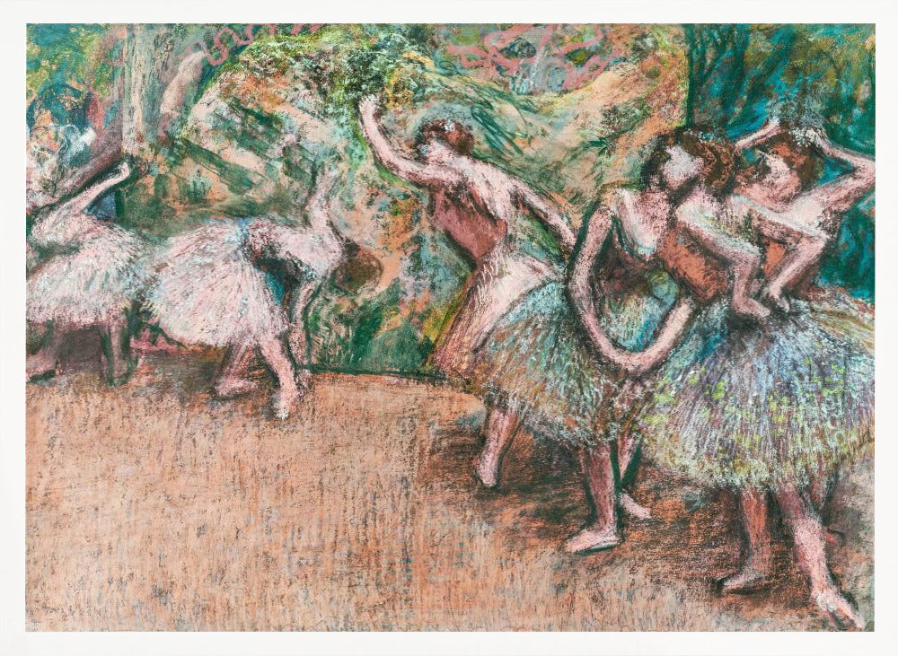 An Impressionist painting by Edgar Degas of ballet dancers on a stage against a green and orange backdrop. The dancers, in various poses, wear tutus in shades of white, pink, and light green. The artwork is framed in a simple silver frame. Artwork