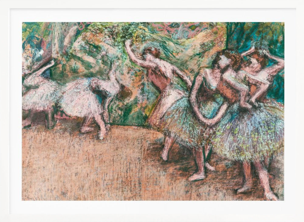 An Impressionist painting by Edgar Degas of ballet dancers on a stage against a green and orange backdrop. The dancers, in various poses, wear tutus in shades of white, pink, and light green. The artwork is framed in a simple silver frame. Artwork